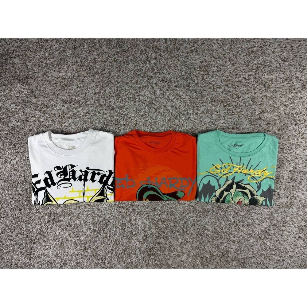 Lot of 3 Ed Hardy Graphic T-Shirts Size S Skull Rose Broken Promises Y2K